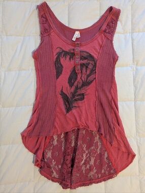 Free People Sleeveless Y2k Lace-Back Feather Print Tank